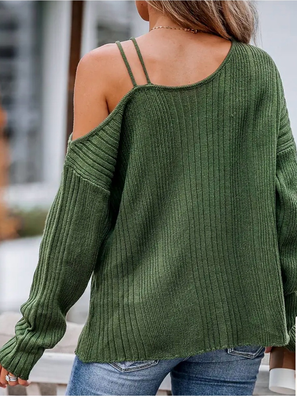 CUPSHE Green Rib One-Shoulder Sweater Womens Sz Medium  Olive Green - Picture 2 of 10